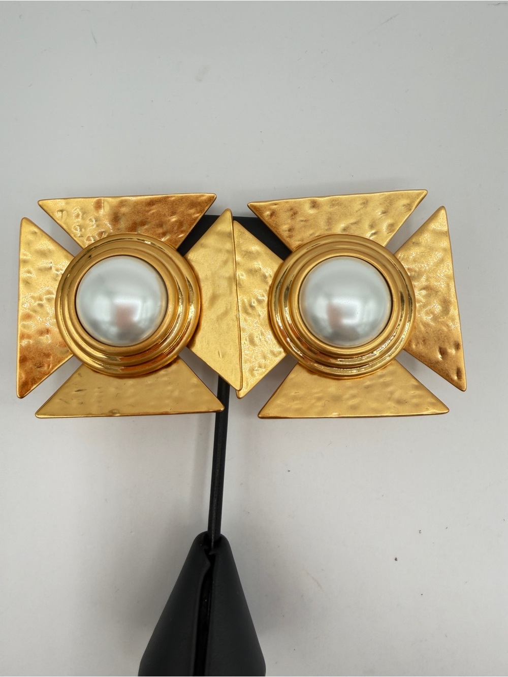 YSL Massive Gold Hammered Geometric Pearl Center Clip-On Earrings